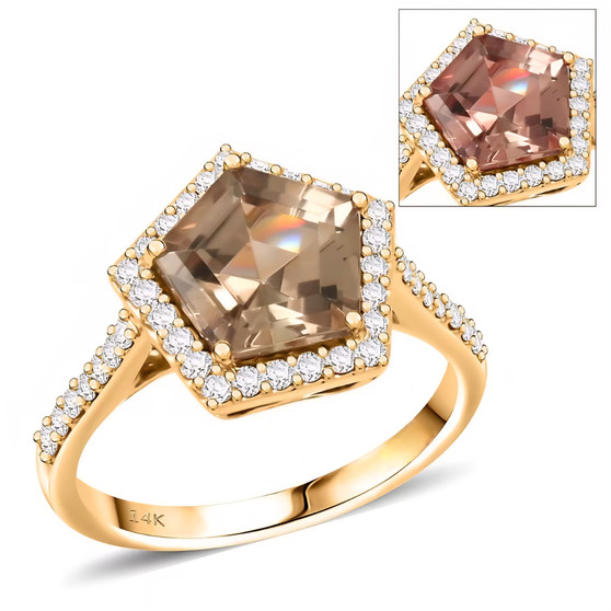 pentagon cut turkizite and diamond halo ring in yellow gold