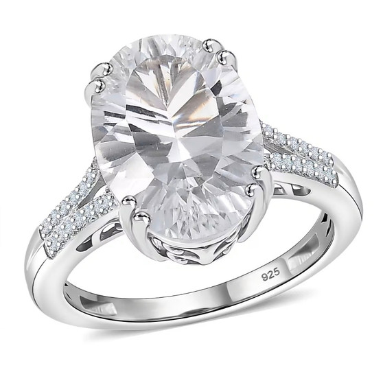 front view of white topaz oval concave cut ring in rhodium over sterling silver