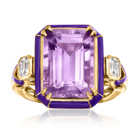 front view of amethyst and emerald cut white topaz purple enamel ring in 18k yellow gold over sterling silver