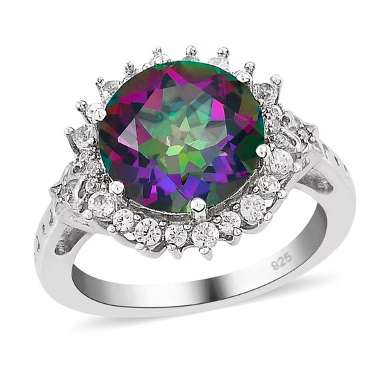 front view of mystic topaz and white zircon round halo ring in rhodium over sterling silver