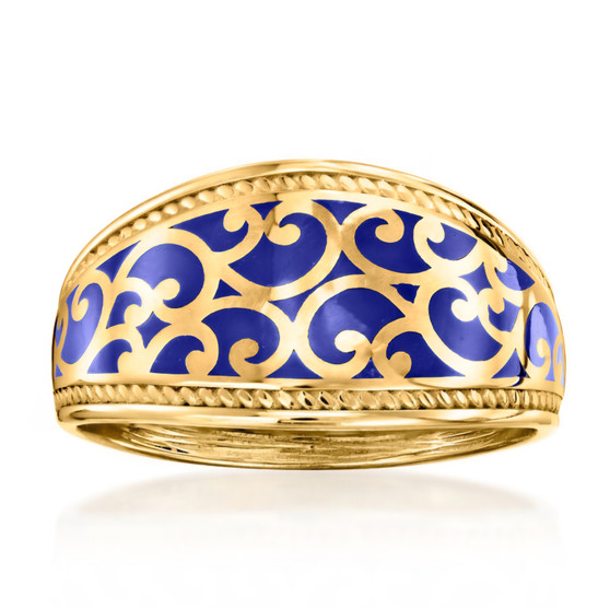 blue enamel scrollwork band ring in 18k yellow gold over sterling silver