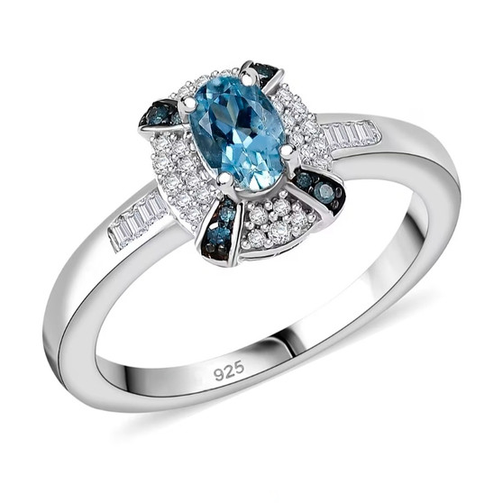 front view of santa maria aquamarine blue and white diamond ring in rhodium over sterling silver