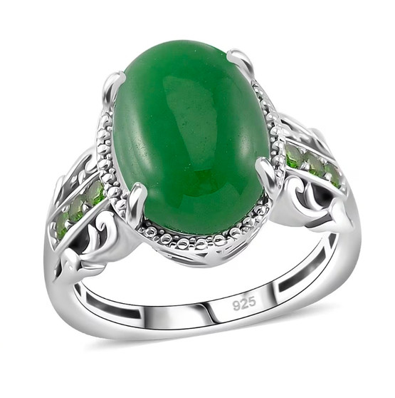 front view of green jade and chrome diopside euro shank ring in rhodium over sterling silver