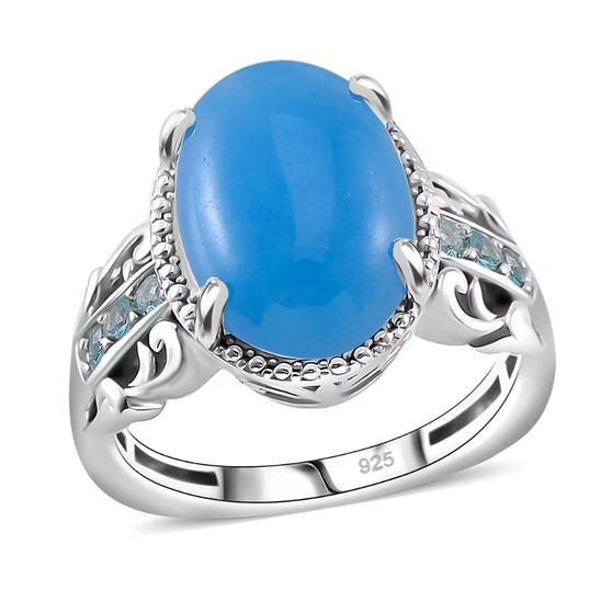 front view of blue jade and apatite euro shank ring in rhodium over sterling silver