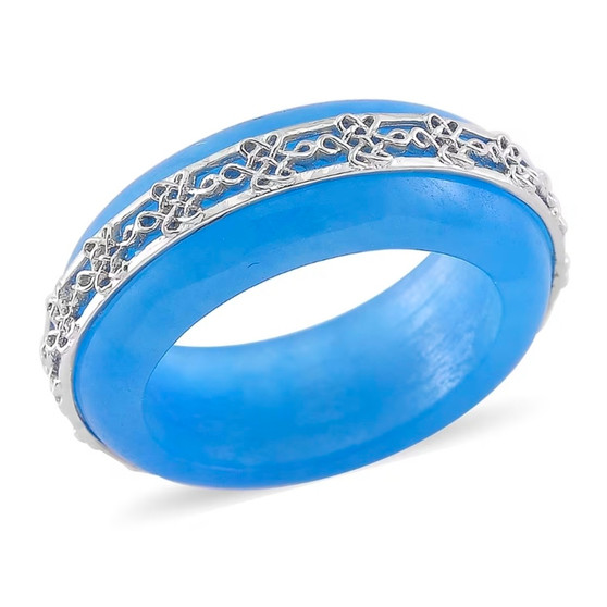 front view of blue jade band ring in rhodium over sterling silver
