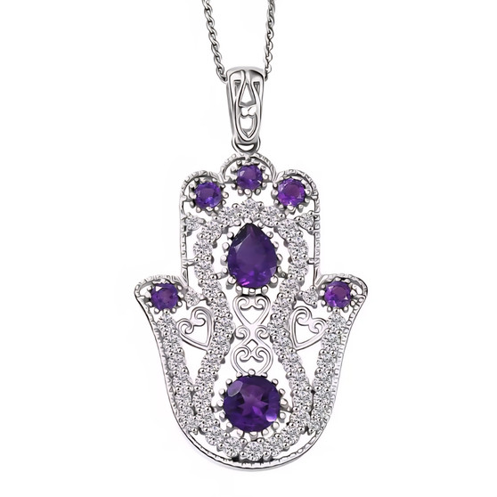 front view of amethyst and zircon hamsa pendant necklace in rhodium over sterling silver