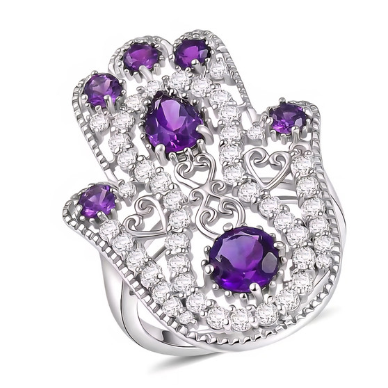 front view of amethyst and zircon hamsa ring in rhodium over sterling silver