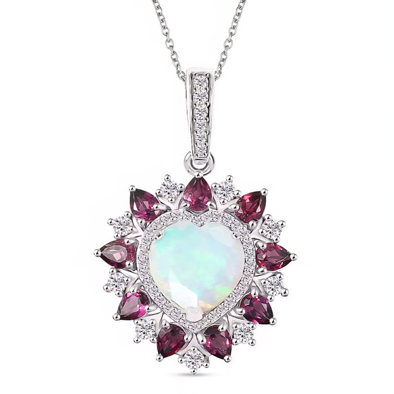 ethiopian opal rhodolite garnet and zircon pendant necklace in rhodium over sterling silver