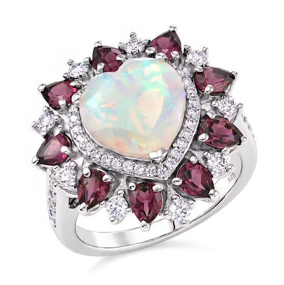 front view of ethiopian opal rhodolite garnet and zircon halo ring in rhodium over sterling silver