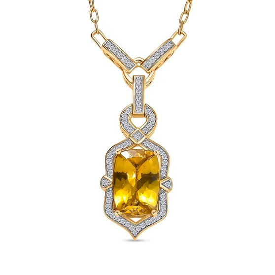 close up of yellow apatite and moissanite cushion vintage inspired necklace in 18k vermeil yellow gold over sterling silver