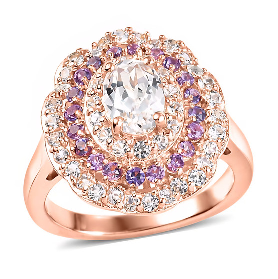 front view of lab created white and purple sapphire halo ring in 18k rose gold over sterling silver