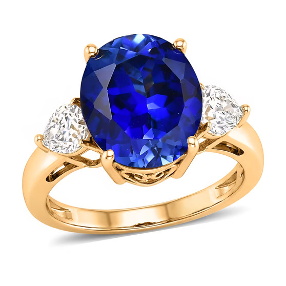 front view of lab blue and white sapphire ring in 18k yellow gold over sterling silver