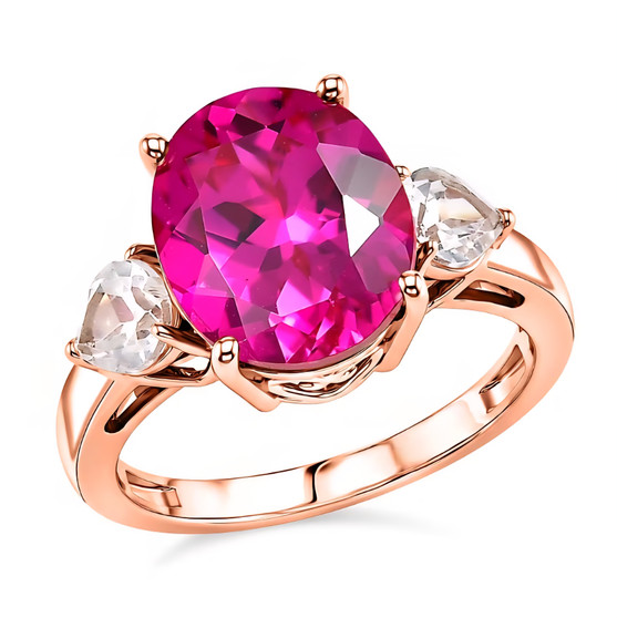 front view of lab pink and white sapphire ring in 18k rose gold over sterling silver