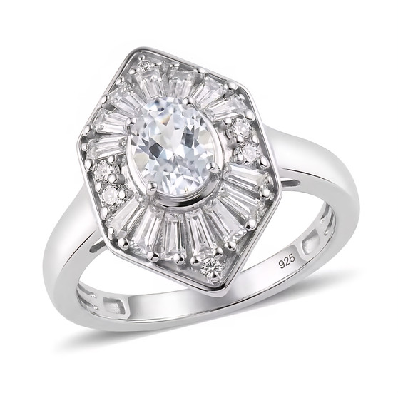 front view of white topaz halo ring in rhodium over sterling silver