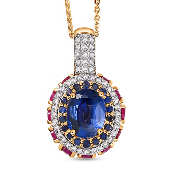 front view of kyanite multi gemstone halo pendant necklace in 18k yellow gold over sterling silver