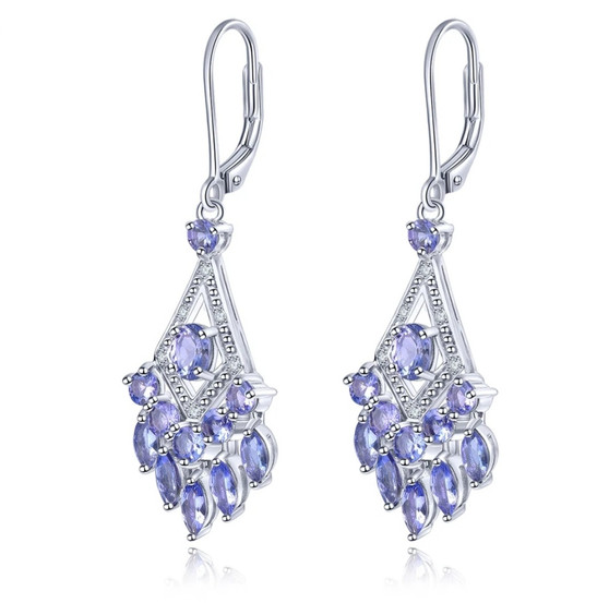 tanzanite and white zircon dangle earrings in rhodium over sterling silver