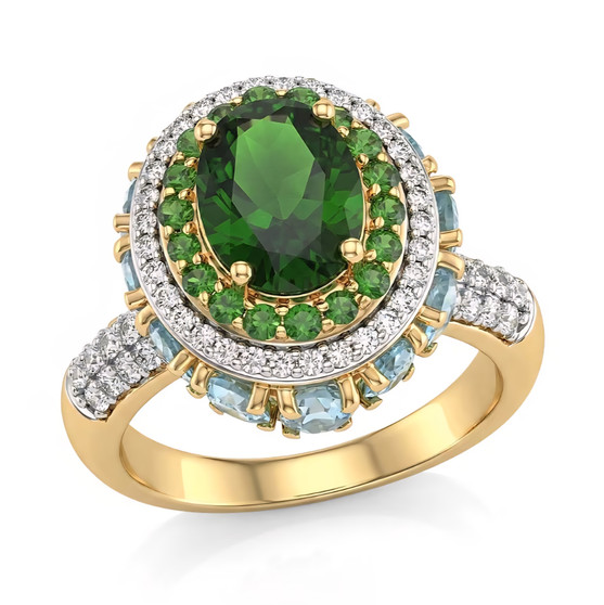 front view of chrome diopside multi gemstone halo ring in 18k yellow gold over sterling silver