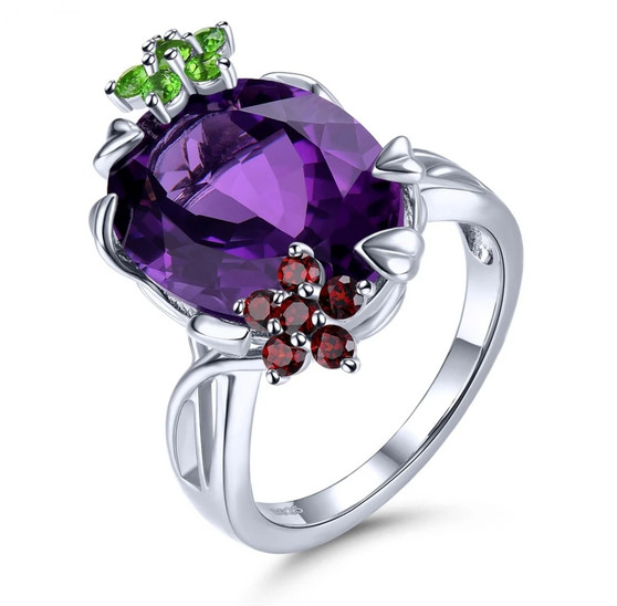 amethyst garnet and chrome diopside ring in rhodium over sterling silver