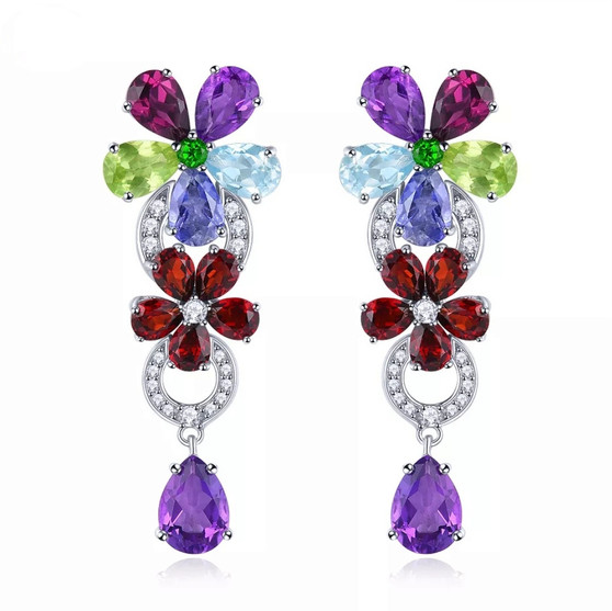 multi gemstone dangle earrings in rhodium over sterling silver