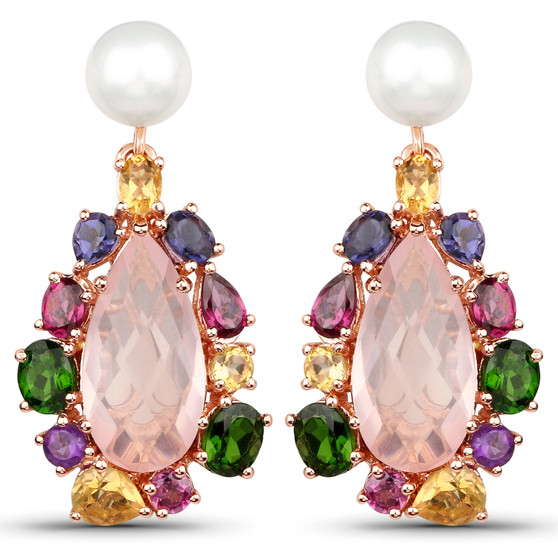 rose quartz and pearl multi gemstone earrings in 18k rose gold vermeil over sterling silver