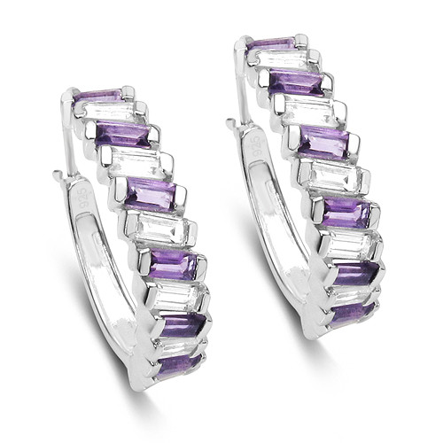 amethyst and white topaz hoop earrings in rhodium over sterling silver