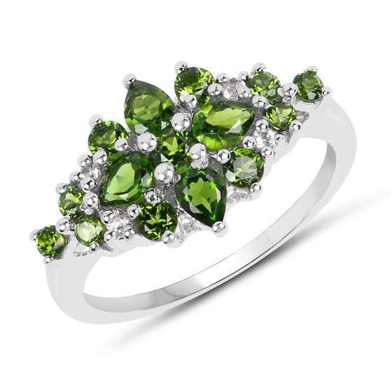 chrome diopside and white topaz ring in rhodium over sterling silver