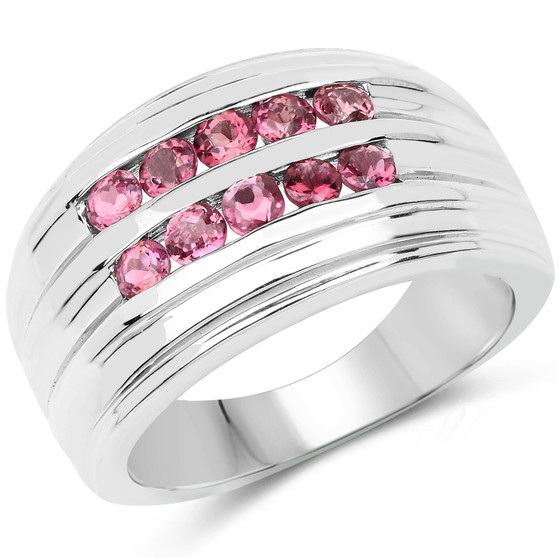 pink tourmaline gents ring in rhodium over sterling silver