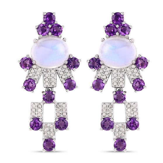 rainbow moonstone amethyst and diamond earrings in rhodium over sterling silver