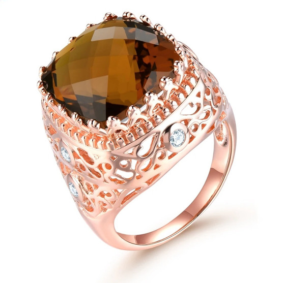 cognac quartz and white zircon ring in 18k rose gold over sterling silver