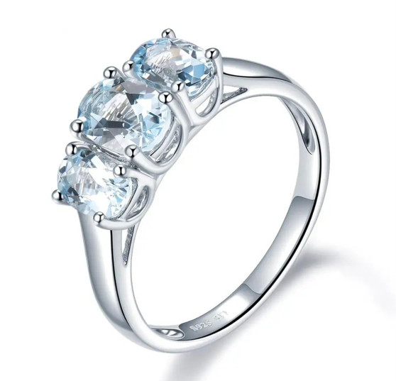 aquamarine trilogy ring in rhodium over sterling silver