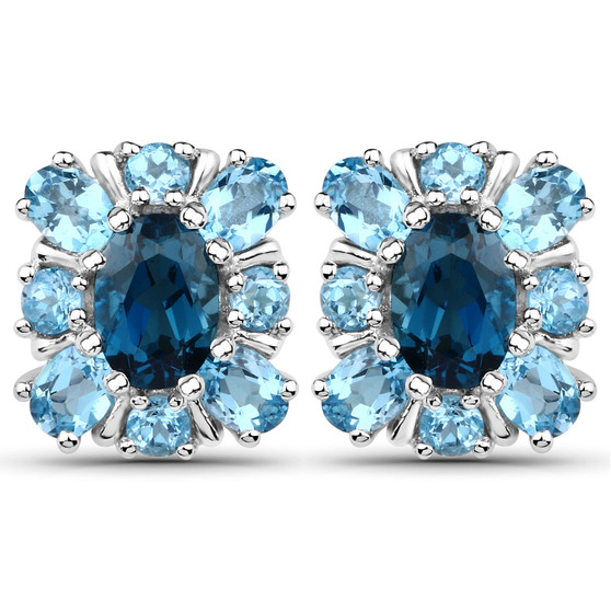 london blue topaz and swiss blue topaz stud earrings in rhodium over sterling silver