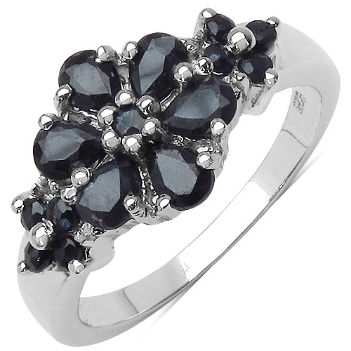 black sapphire and white topaz cluster ring in rhodium over sterling silver
