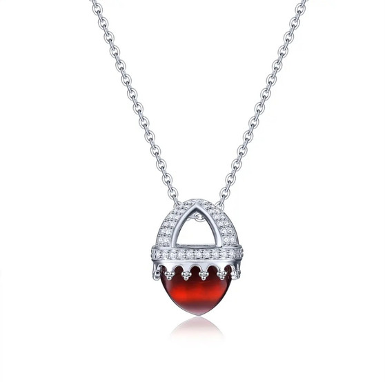 sugar loaf cut hessonite garnet and white zircon necklace in rhodium over sterling silver