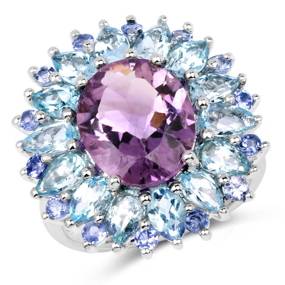 amethyst sky blue topaz and tanzanite ring in rhodium over sterling silver