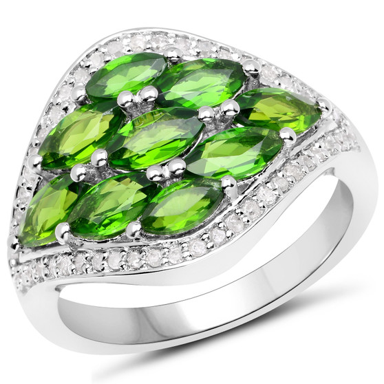 chrome diopside green gemstone ring in rhodium over sterling silver
