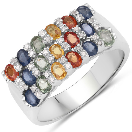 multi sapphire and diamond cluster ring in rhodium over sterling silver