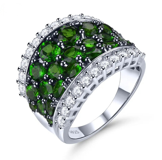 chrome diopside and white zircon cluster ring in rhodium over sterling silver