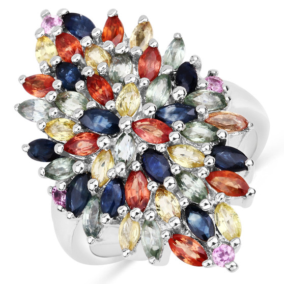 multi color sapphire gemstone ring in rhodium over sterling silver