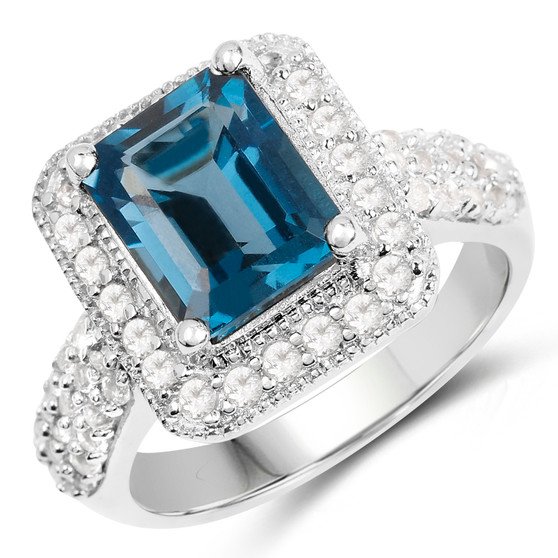 london blue topaz and white topaz emerald cut halo ring in rhodium over sterling silver