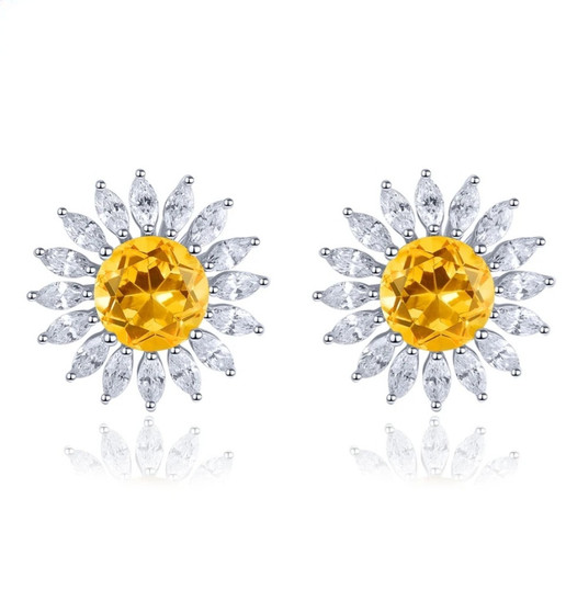 citrine and white zircon halo stud earrings in rhodium over 925 sterling silver