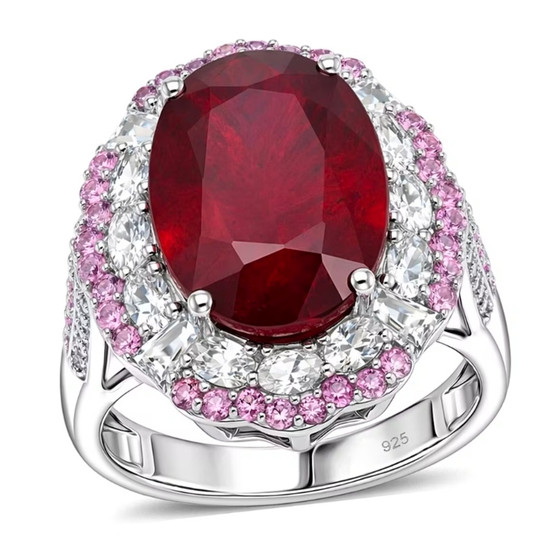 front view of ruby (ff) pink sapphire and zircon double halo ring in rhodium over sterling silver
