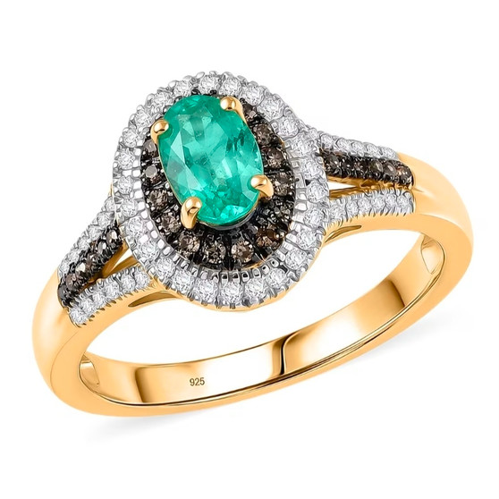 colombian emerald champagne and white diamond double halo ring in 18k vermeil yellow gold over sterling silver front
