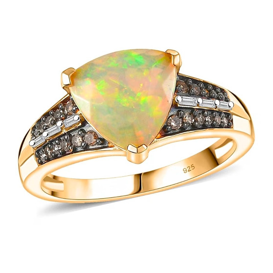 ethiopian opal champagne and white diamond trillion ring in 18k vermeil yellow gold over sterling silver front