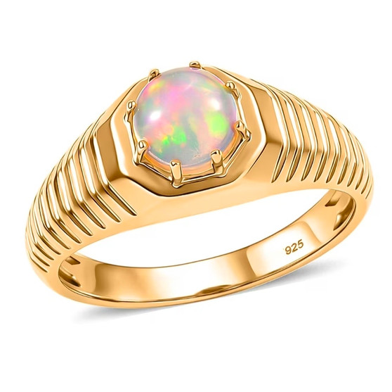 ethiopian opal round solitaire mens ring in 18k vermeil yellow gold over sterling silver front