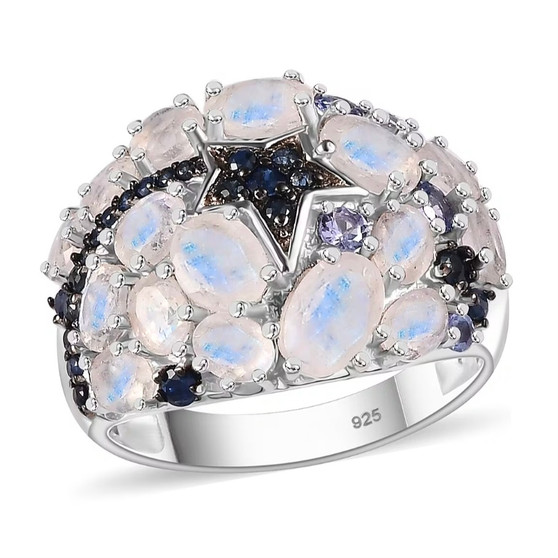 front view of rainbow moonstone and multi gem shooting star cluster ring in rhodium over sterling silver