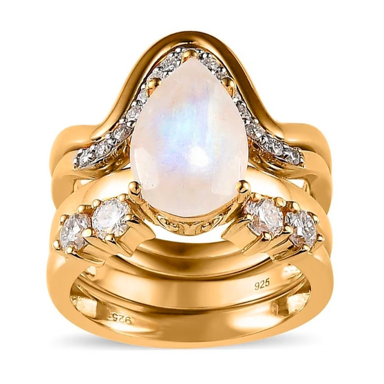 rainbow moonstone and moissanite pear four ring set in 18k vermeil yellow gold over sterling silver front