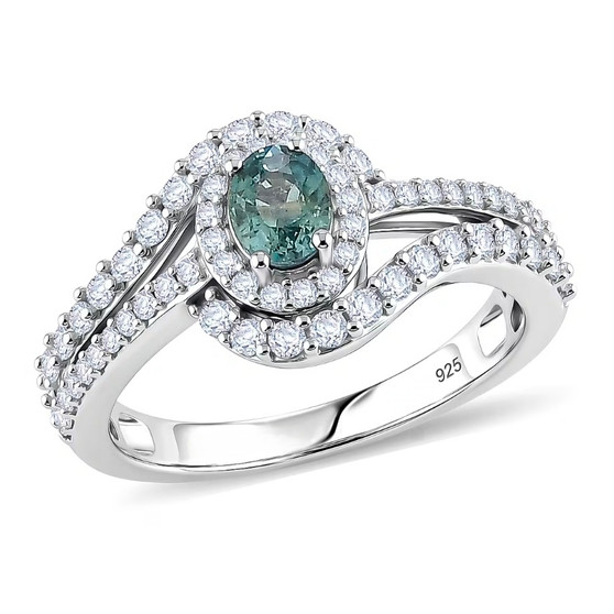 front view of montana sapphire and white zircon oval halo bypass ring in rhodium over sterling silver