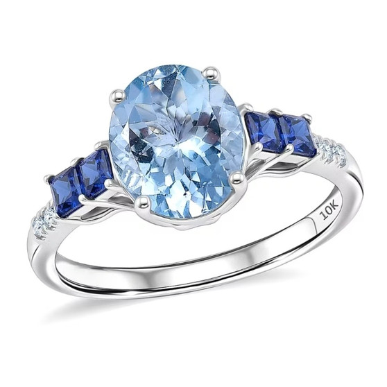 front view of santa maria aquamarine sapphire and diamond ring in 10k white gold