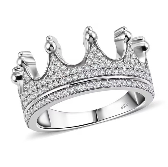 front view of lab grown diamond crown ring in rhodium over sterling silver