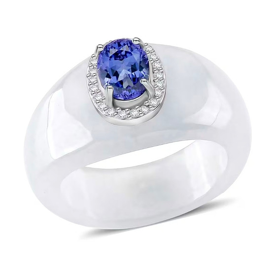 front view of tanzanite and moissanite halo rhodium over sterling silver carved white jade ring